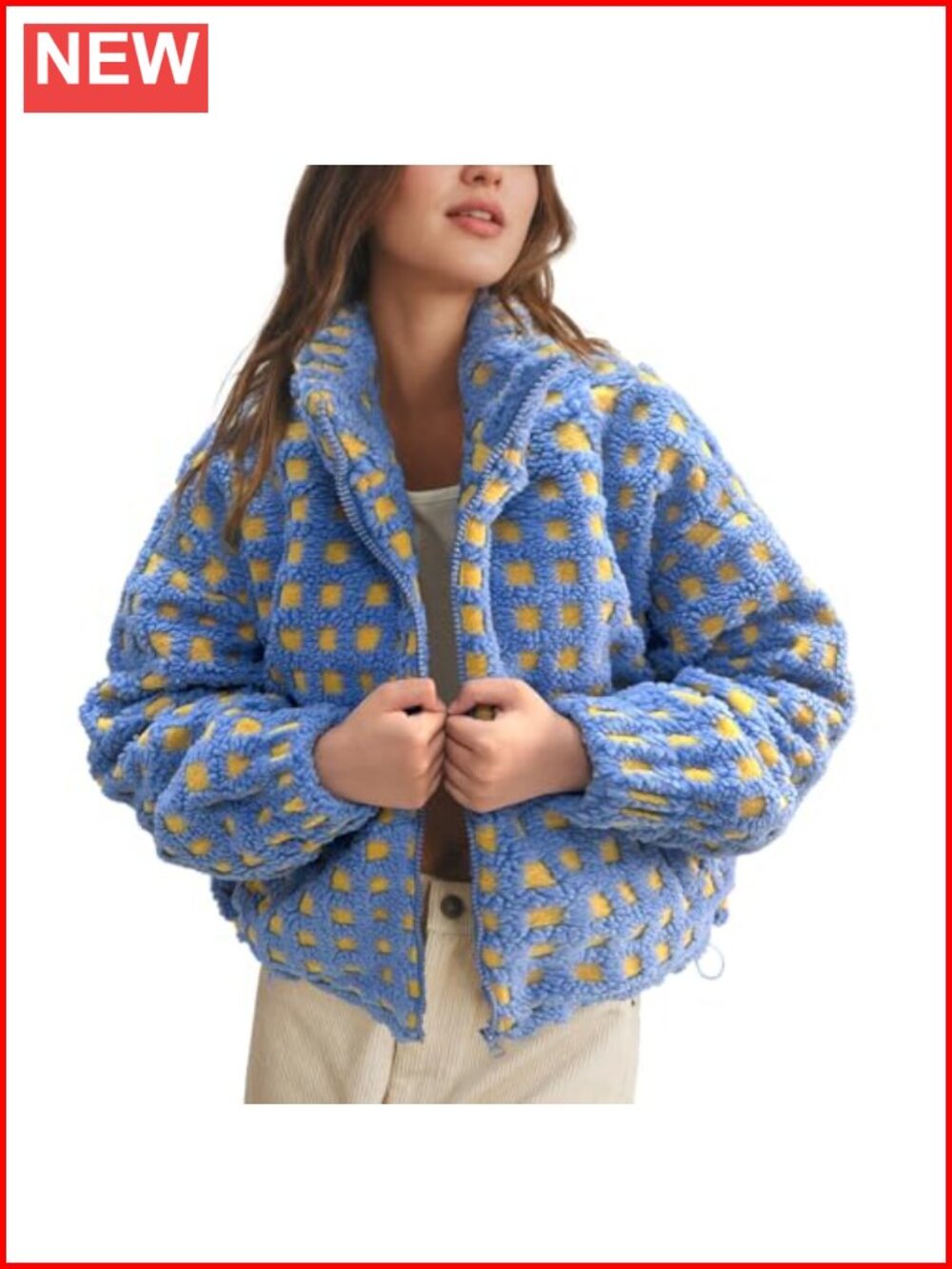 Cropped Checkered Sherpa Fleece Zip Up Plaid Jacket with Pockets